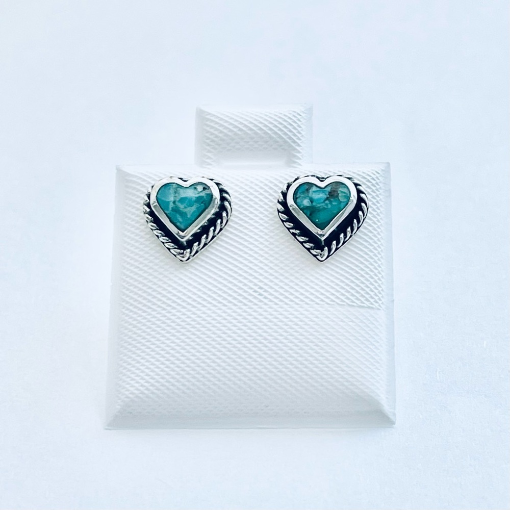 Sterling Silver Genuine Turquoise Heart Earring with Braid, Stone Earrings, Stud